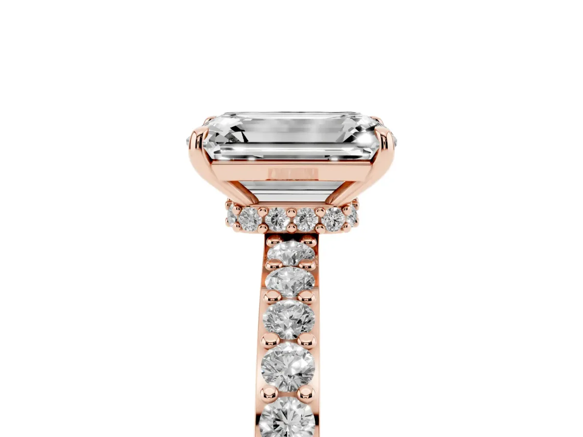 Emerald Cut Diamond Pavé Engagement Ring with Round Accents and Prong Setting Rose gold
