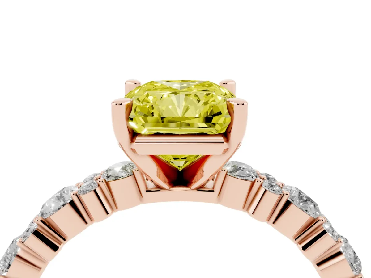 Fancy Yellow Radiant Cut Diamond Side Stone Solitaire Ring with Round and Four-Prong Setting Rose gold