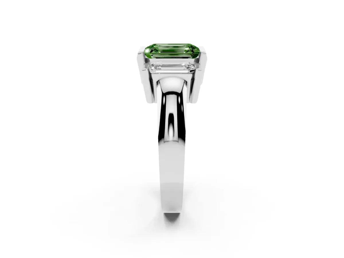 Fancy Green Three Stone Emerald Cut Cut Channel Set Diamond Ring Platinum