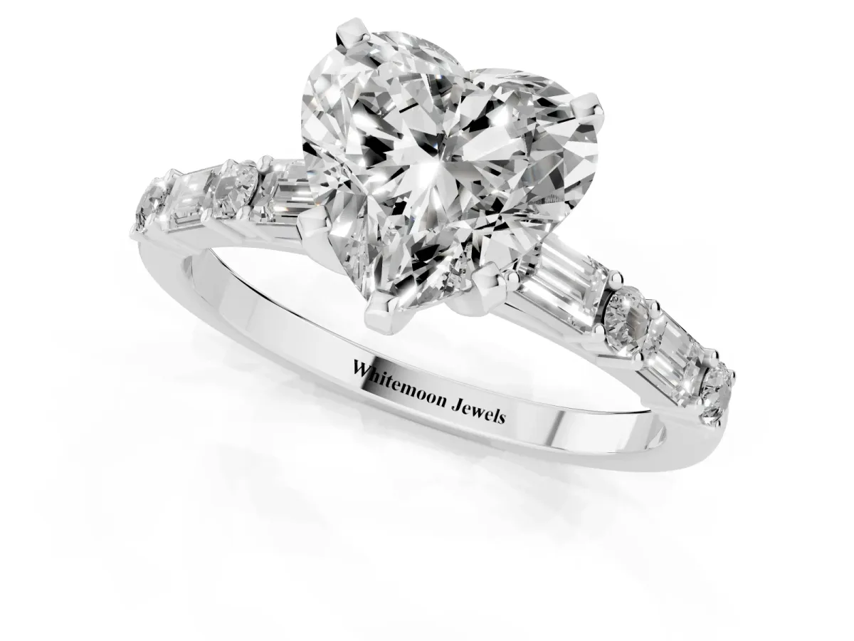 Heart Cut Diamond Solitaire with Side Baguettes and Channel Set Band Silver