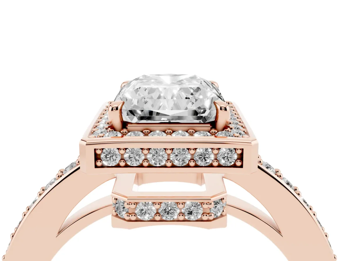 Radiant Cut Halo Pave Band Solitaire Ring with Prong Setting Rose gold