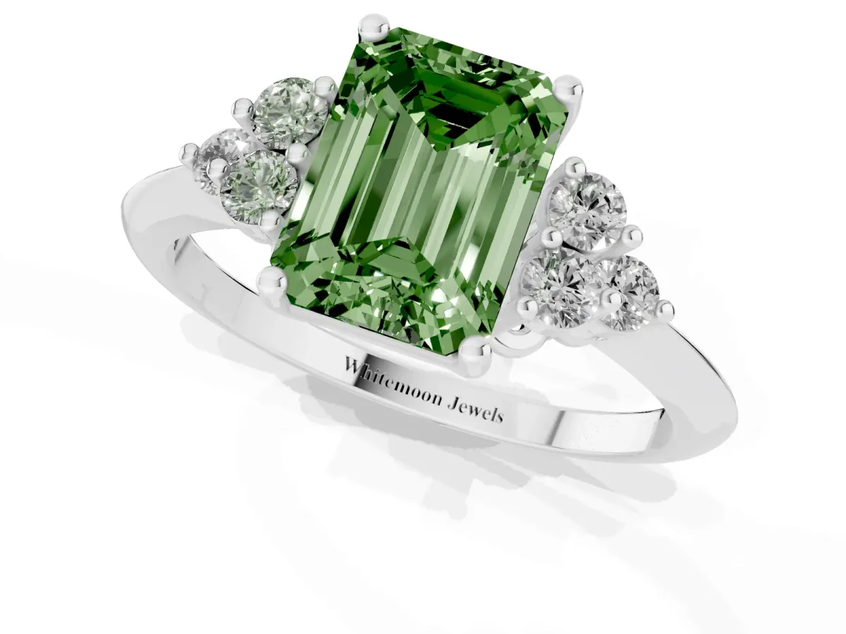 Fancy Green Emerald Cut Cut Diamond Cluster Ring with Solitaire Band and Four-Prong Setting Platinum