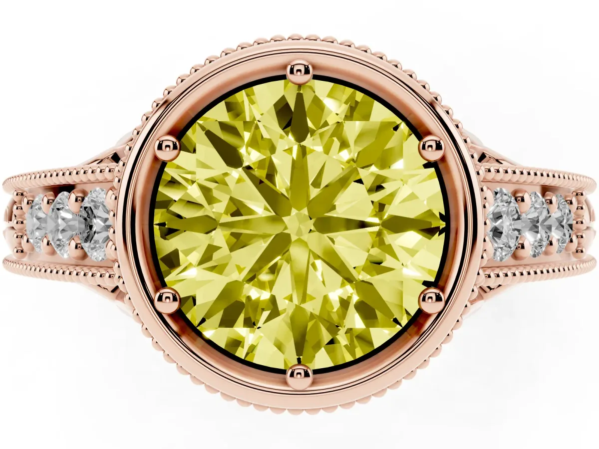 Fancy Yellow Bezel Set Round Cut Diamond Milgrain Pave Engagement Ring Rose gold
