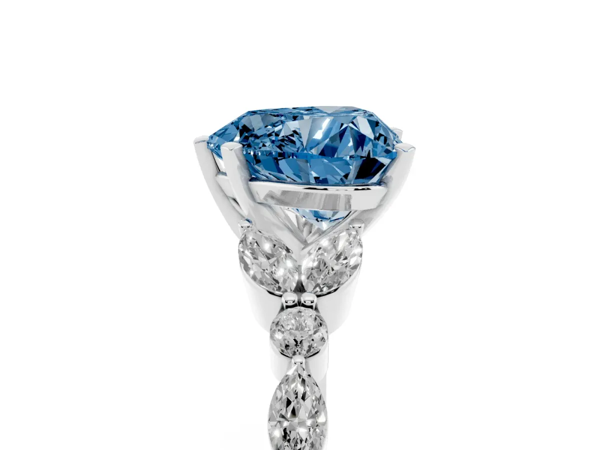 Fancy Blue Heart Cut Diamond Solitaire Ring with Side Stones and Four-Prong Setting Platinum