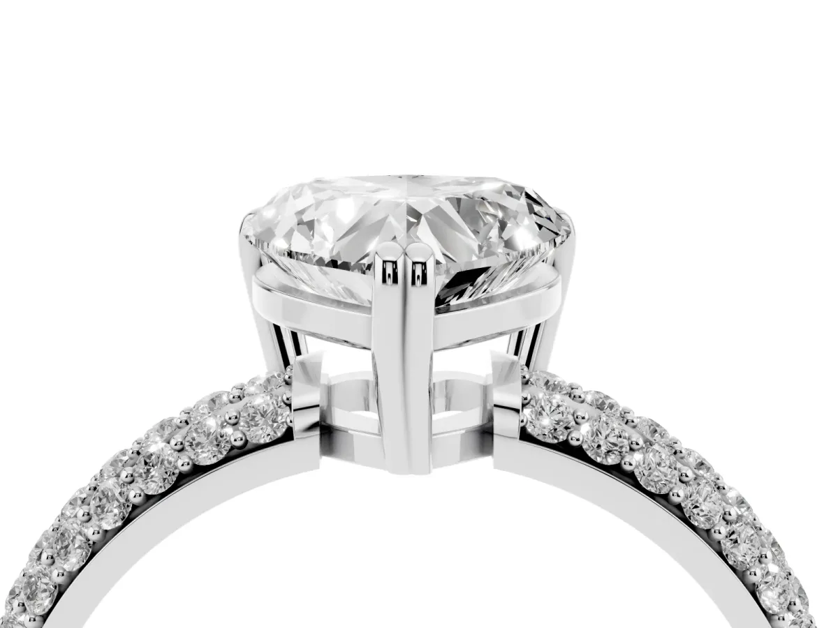 Heart Cut Diamond Solitaire Ring with Multi-Row Round Pavé Band and Prong Setting Silver