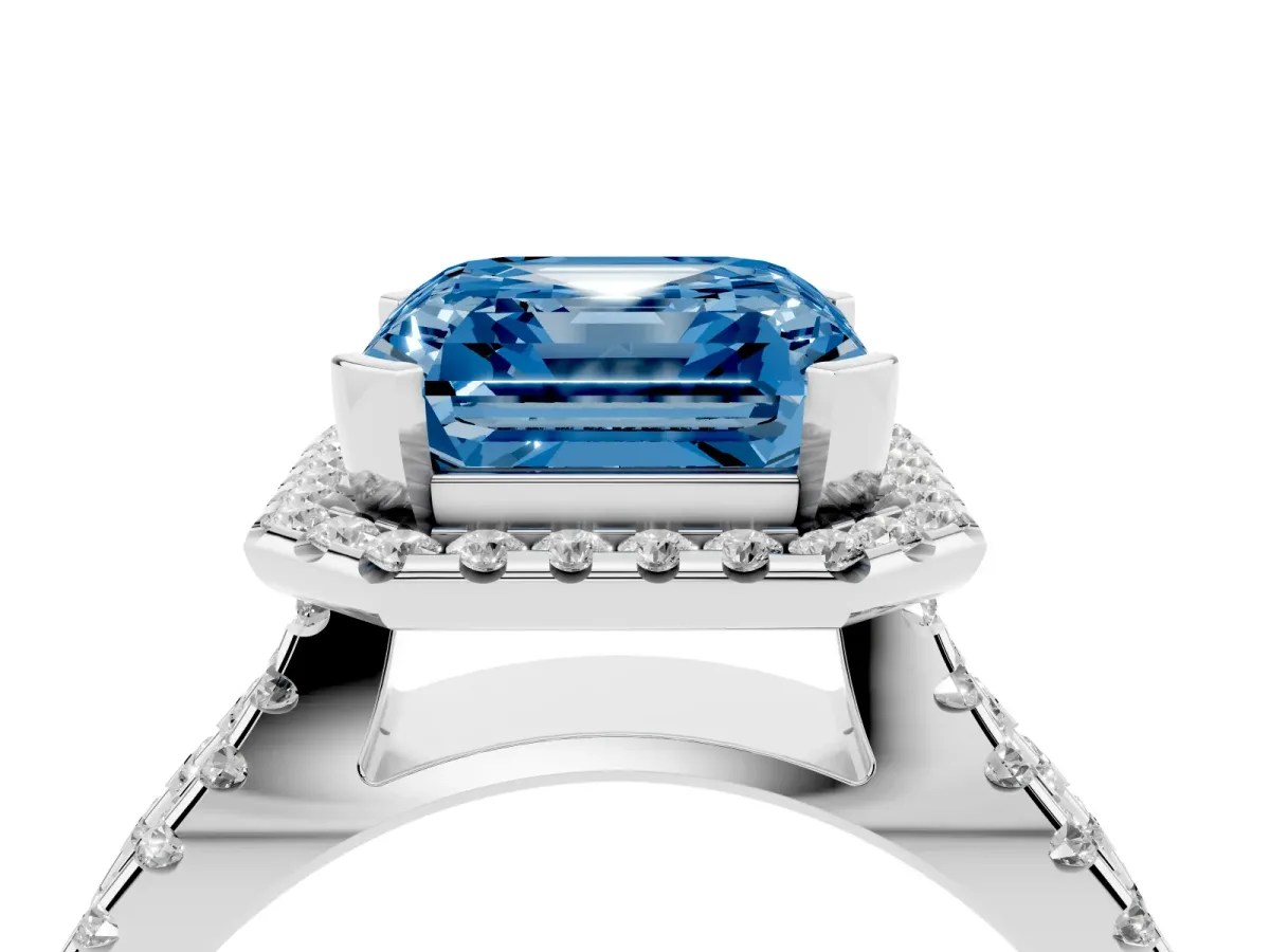 Fancy Blue Asscher Cut Diamond Halo Ring with Split Shank Pavé Band and Prong Setting Silver