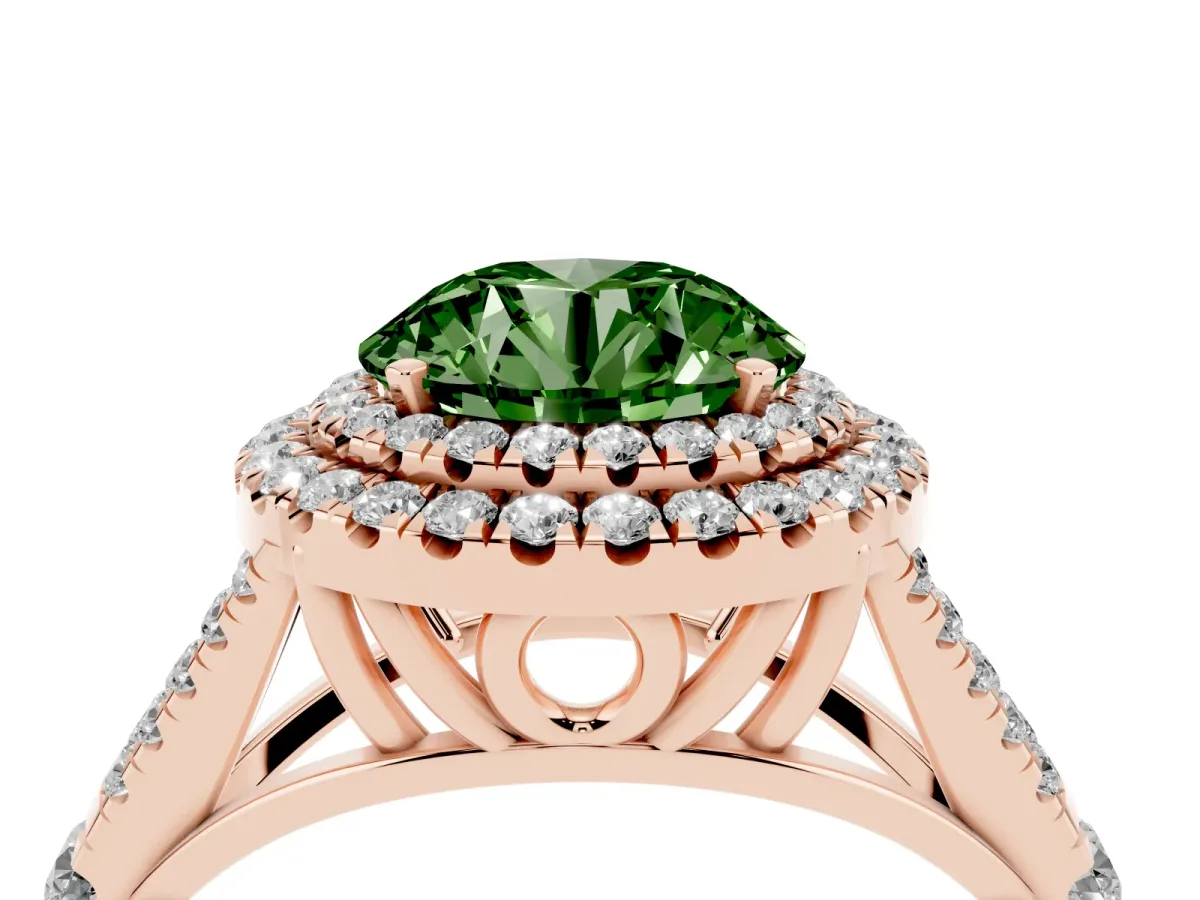 Fancy Green Round Cut Cut Double Halo Split Shank Diamond Ring with Prong Setting Rose gold