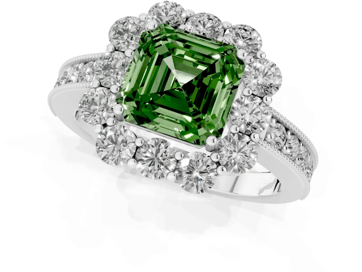 Fancy Green Asscher Cut Cut Halo Diamond Pavé Engagement Ring with Milgrain Detailing Platinum