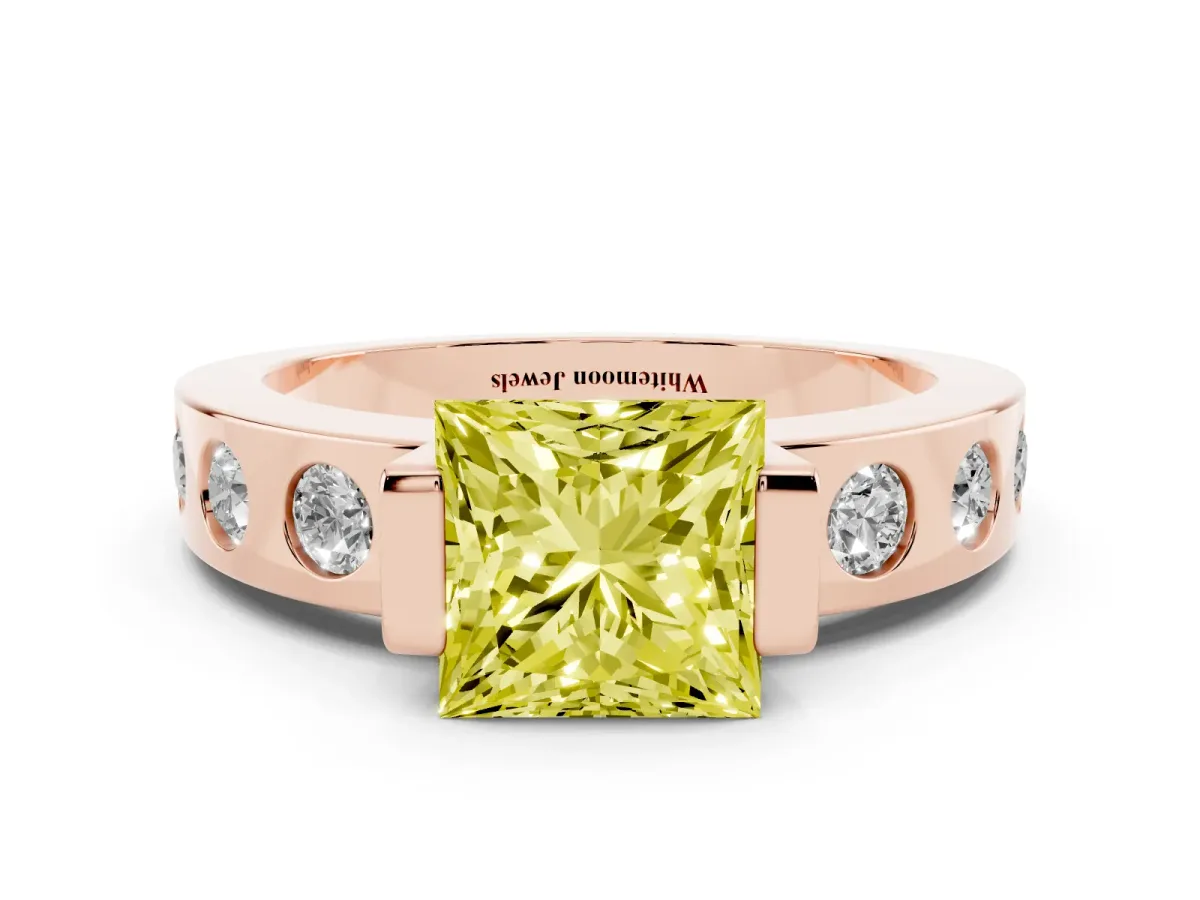 Fancy Yellow Princess Cut Brilliant Channel-Set Diamond Ring with Bezel Prong Setting Rose gold