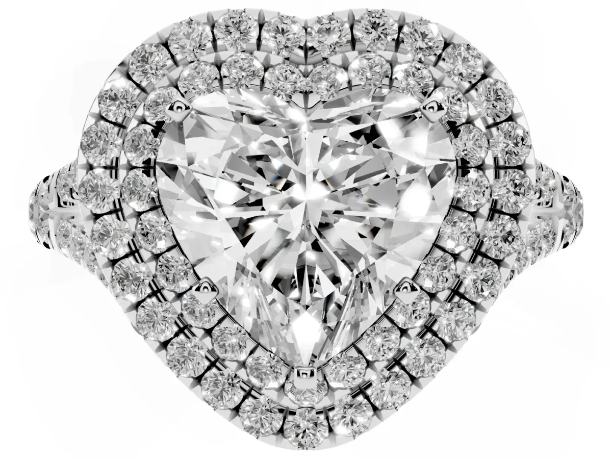 Heart Cut Cut Double Halo Split Shank Diamond Ring with Prong Setting Silver