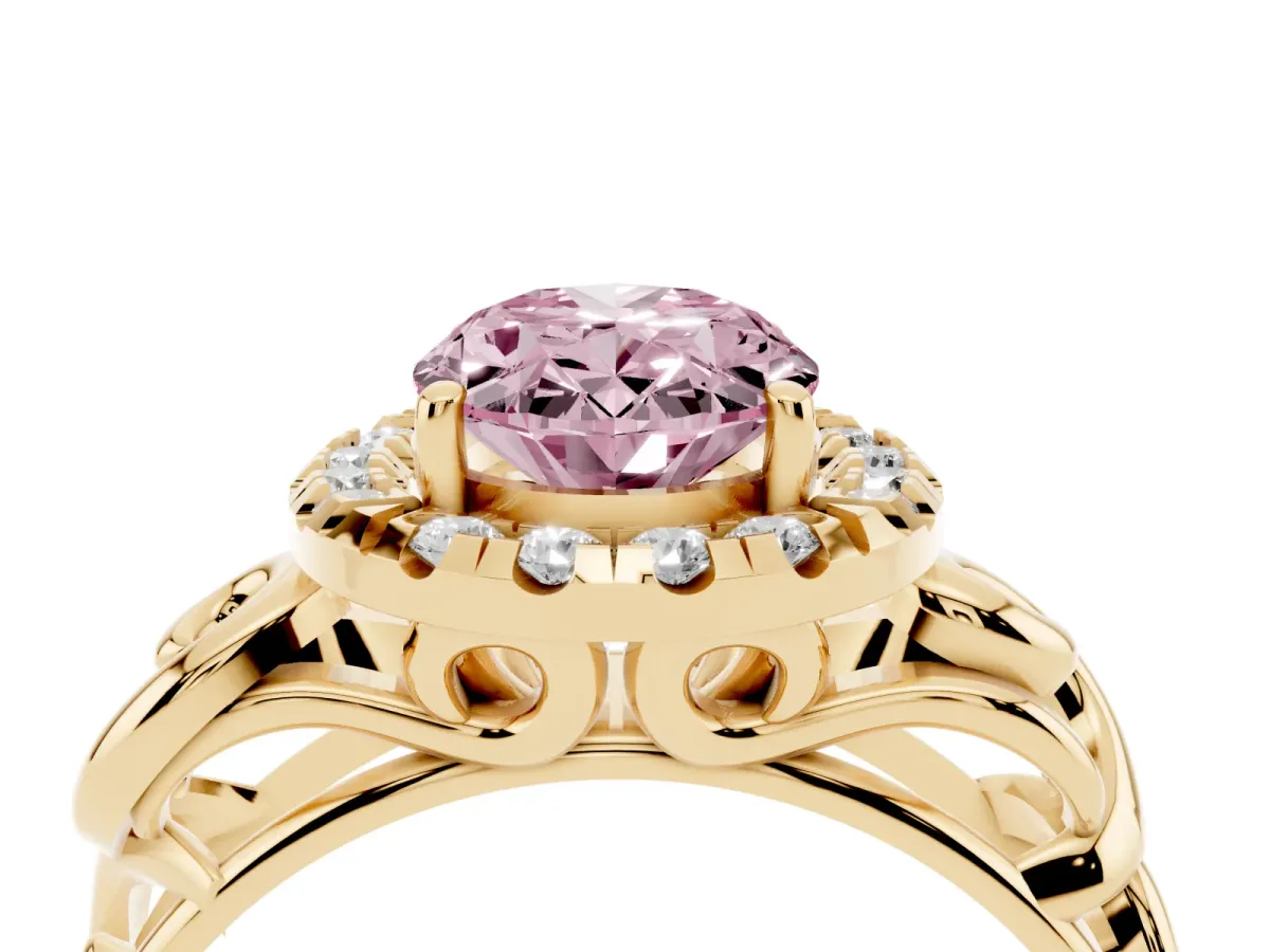 Fancy Pink Oval Cut Cut Halo Diamond Ring with Scrollwork Band and Four-Prong Setting Yellow gold