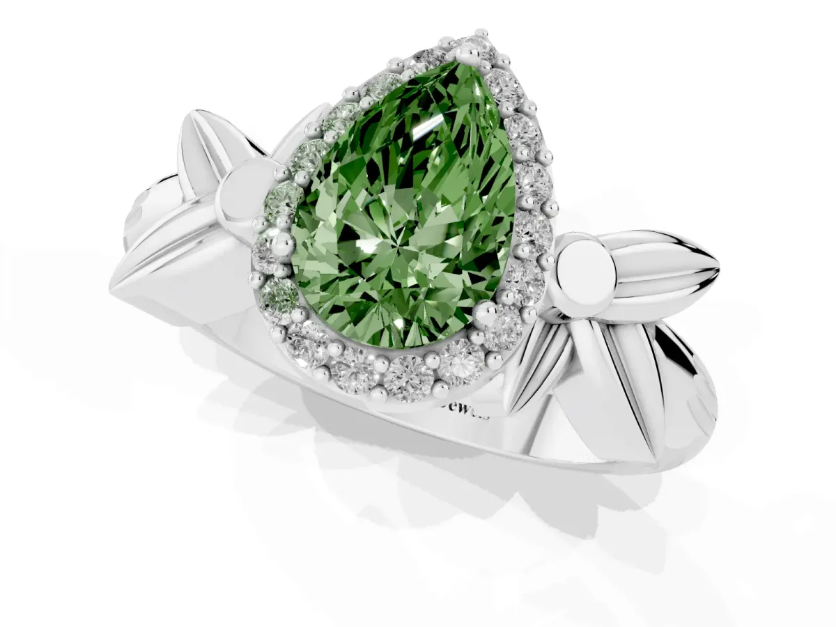 Fancy Green Pear Cut Halo Diamond Floral Band with Four-Prong Setting White gold