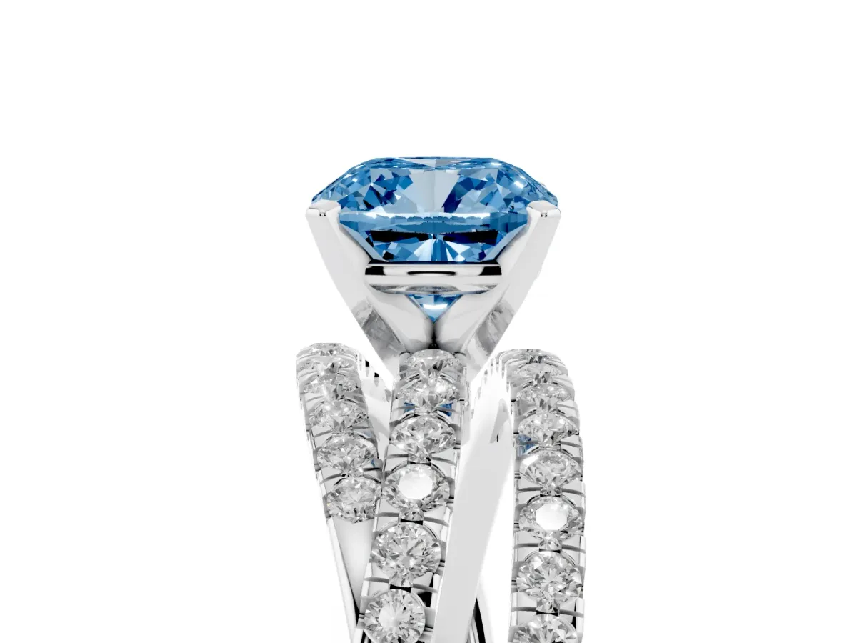 Fancy Blue Cushion Cut Solitaire Twist Band with Pavé Setting and Four-Prong Setting Silver