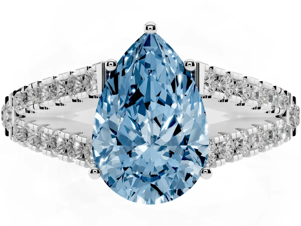 Fancy Blue Pear Cut Diamond Split Shank Pavé Engagement Ring with Four-Prong Setting White gold