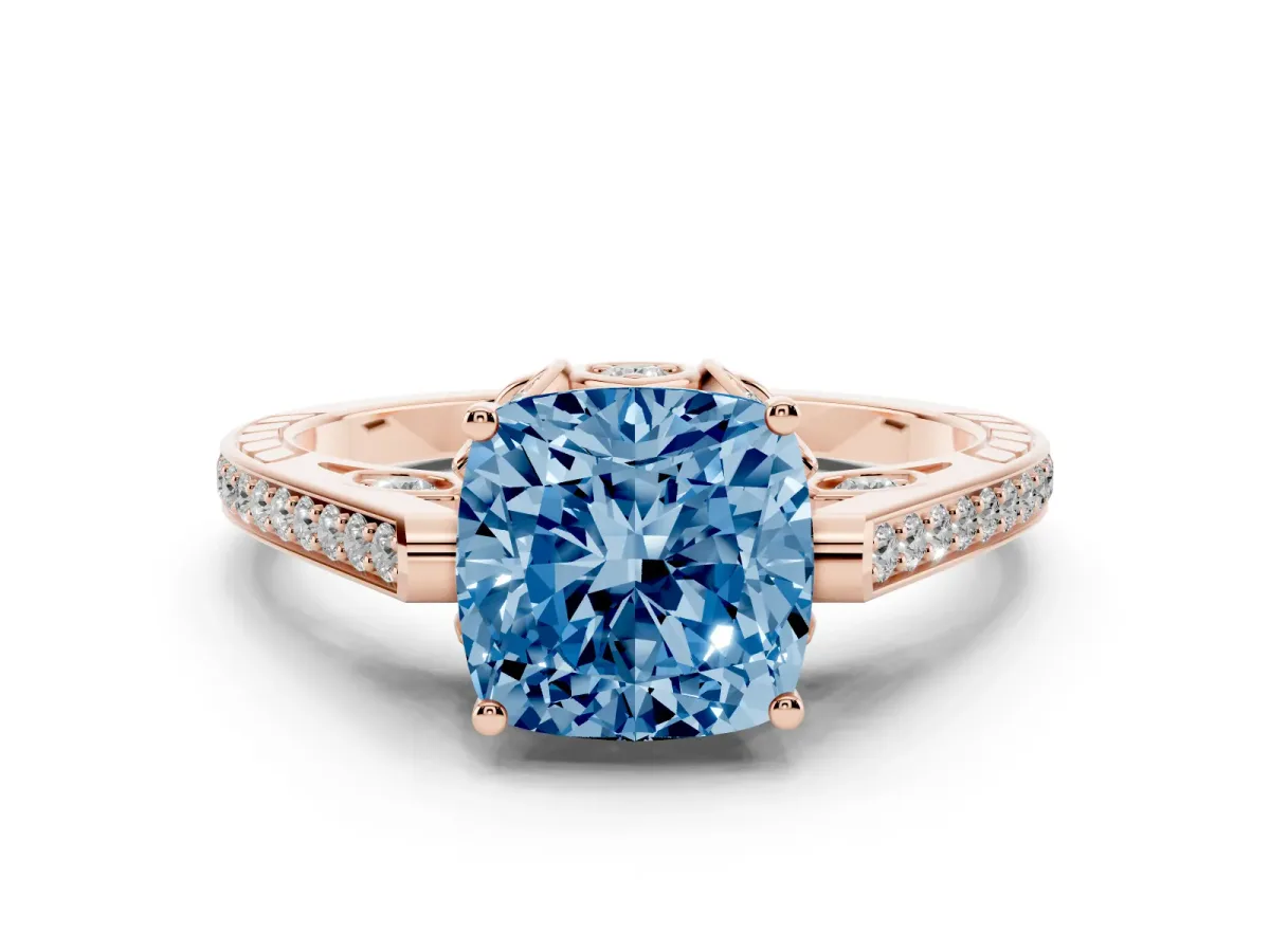 Fancy Blue Cushion Cut Cut Cathedral Pave Diamond Engagement Ring with Six-Prong Setting Rose gold