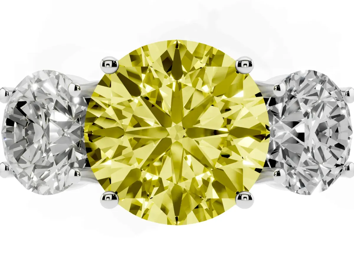 Fancy Yellow Three-Stone Round Cut Diamond Pavé Band with Prong Setting Silver