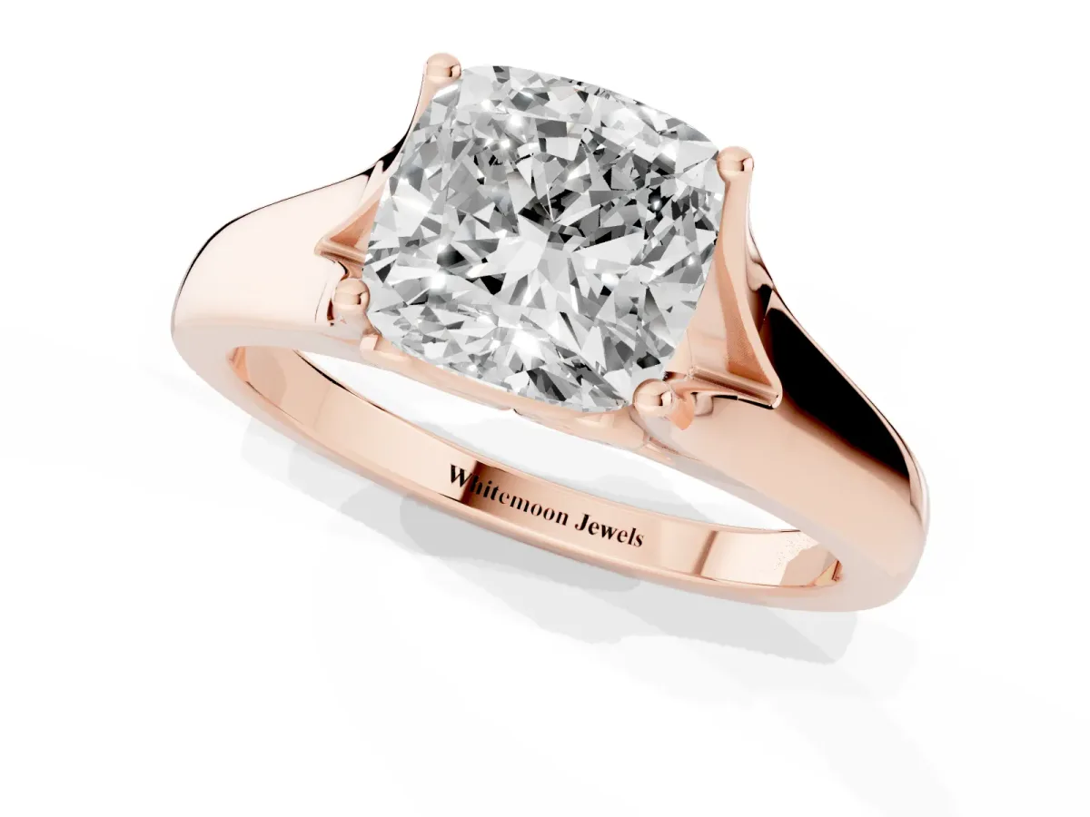 Cushion Cut Solitaire Diamond Ring with Cathedral Band and Four-Prong Setting Rose gold