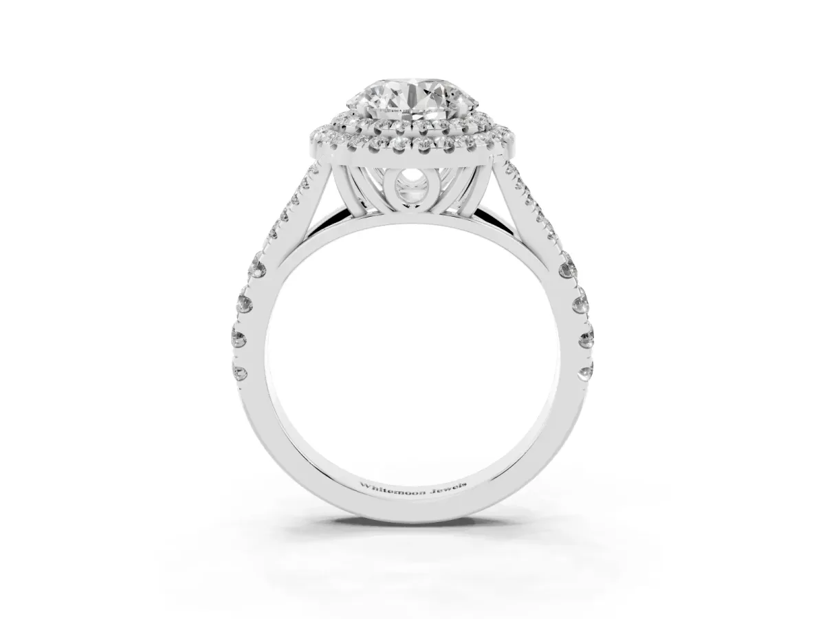 Round Cut Cut Double Halo Split Shank Diamond Ring with Prong Setting Silver