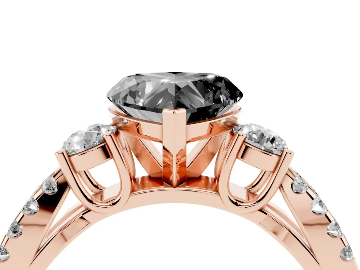 Fancy Black Heart Cut Diamond Three-Stone Ring with Pavé Split Shank and Four-Prong Setting Rose gold