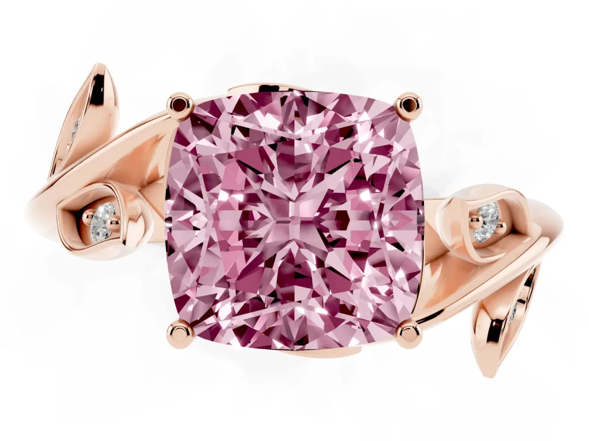 Fancy Pink Cushion Cut Solitaire Twist Engagement Ring with Leaf Accents and Prong Setting Rose gold