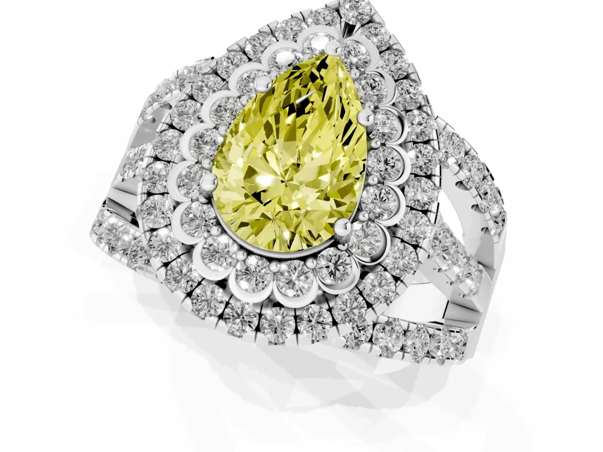 Fancy Yellow Pear Cut Diamond Double Halo Ring with Round Pavé Split Shank and Prong Setting Silver