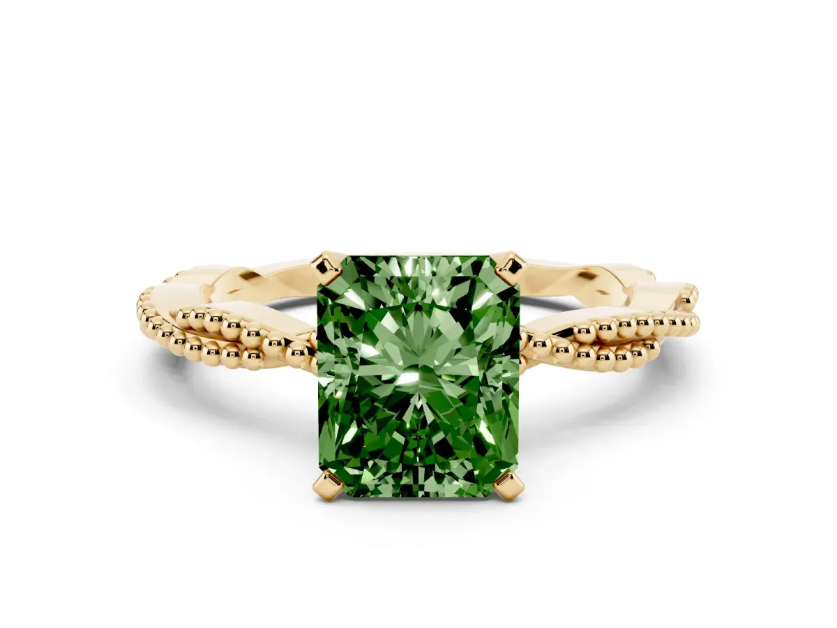 Fancy Green Radiant Cut Solitaire Twisted Band with Bead Prong Setting Yellow gold