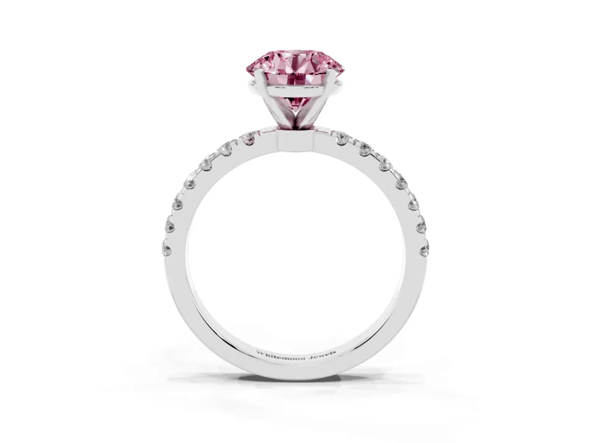 Fancy Pink Round Cut Diamond Solitaire Ring with Pavé Accents and Four-Prong Setting Platinum