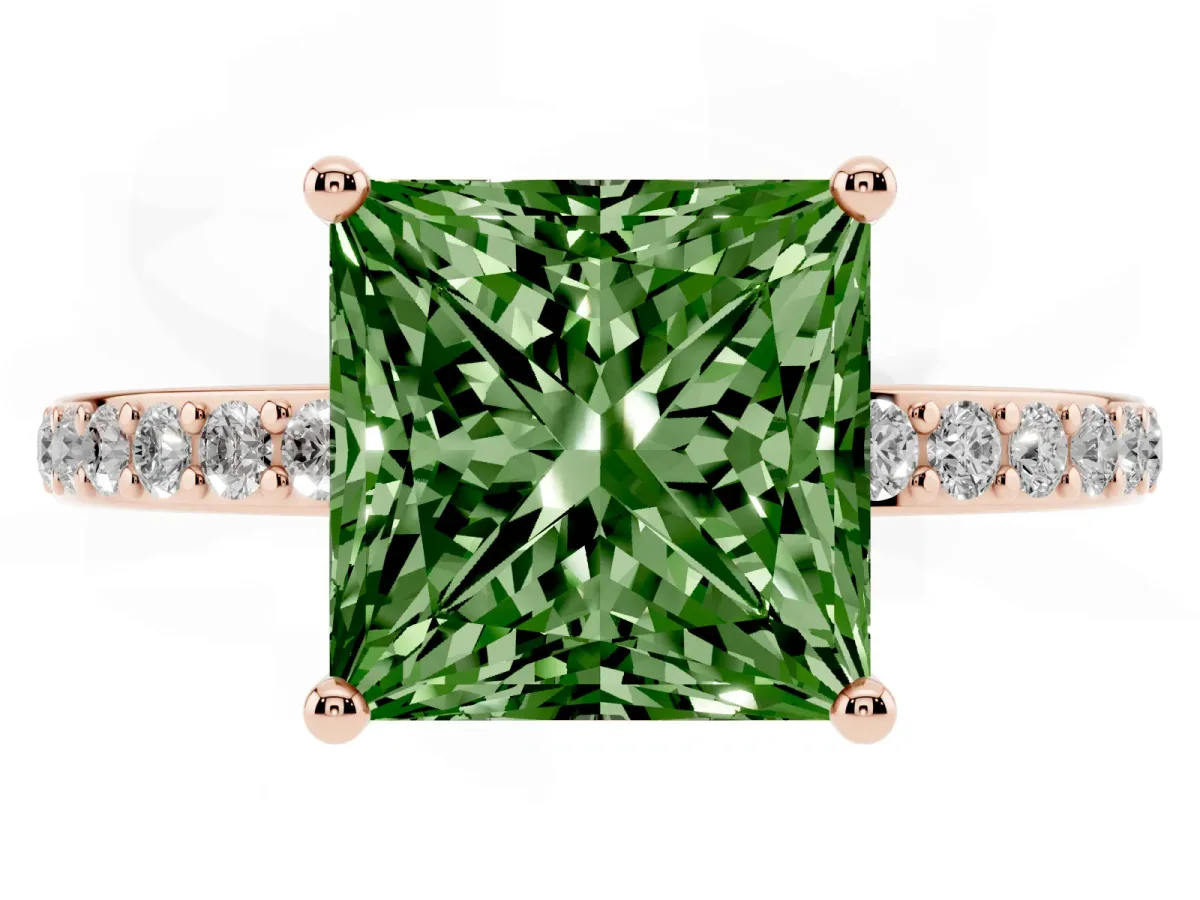 Fancy Green Princess Cut Cut Diamond Pavé Band Ring with Four-Prong Setting Rose gold