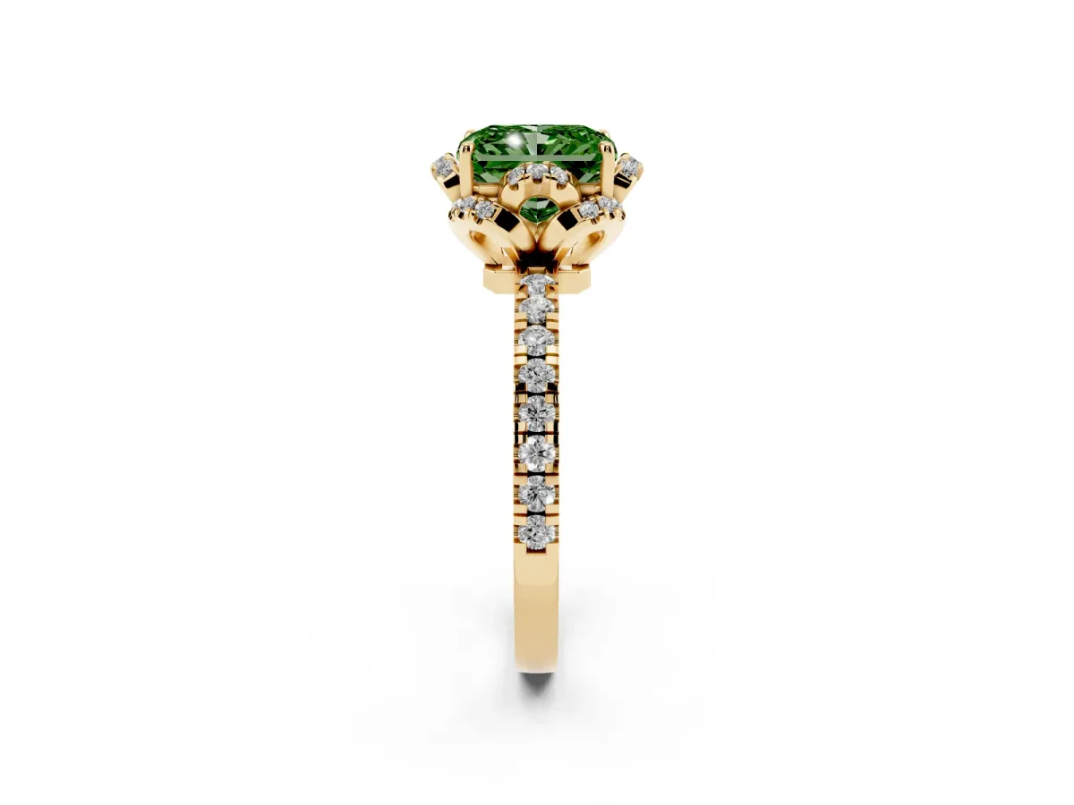 Fancy Green Radiant Cut Diamond Halo Pave Band with Four-Prong Setting Yellow gold