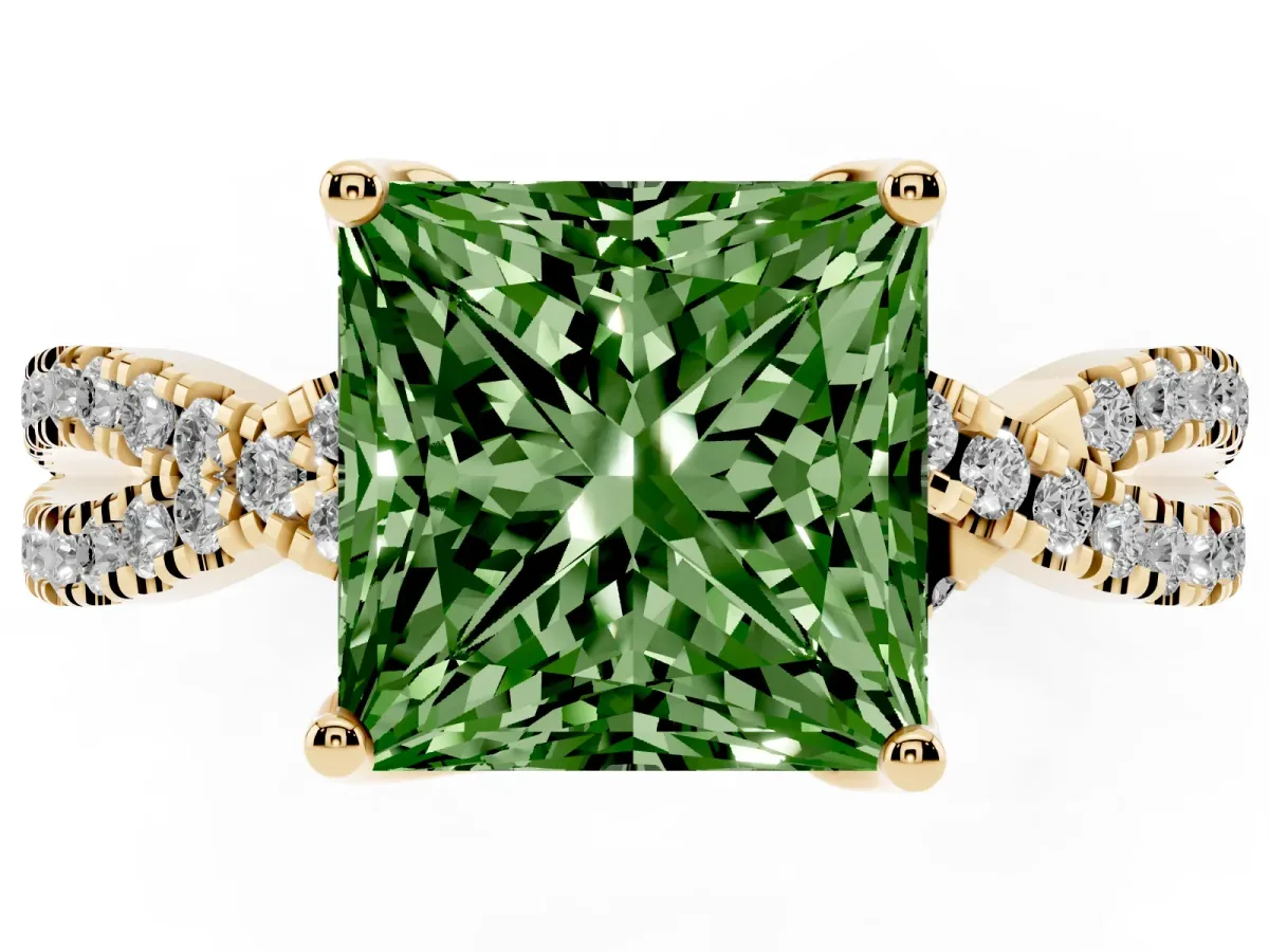Fancy Green Princess Cut Solitaire Twist Pave Diamond Engagement Ring with Prong Setting Yellow gold