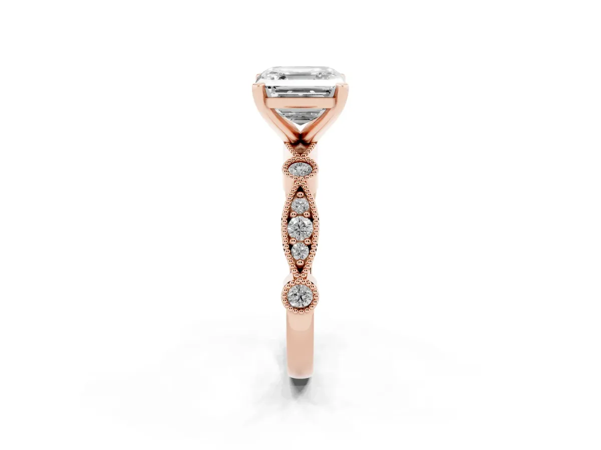 Asscher Cut Milgrain Bezel Diamond Engagement Ring with Solitaire Prong Setting Rose gold