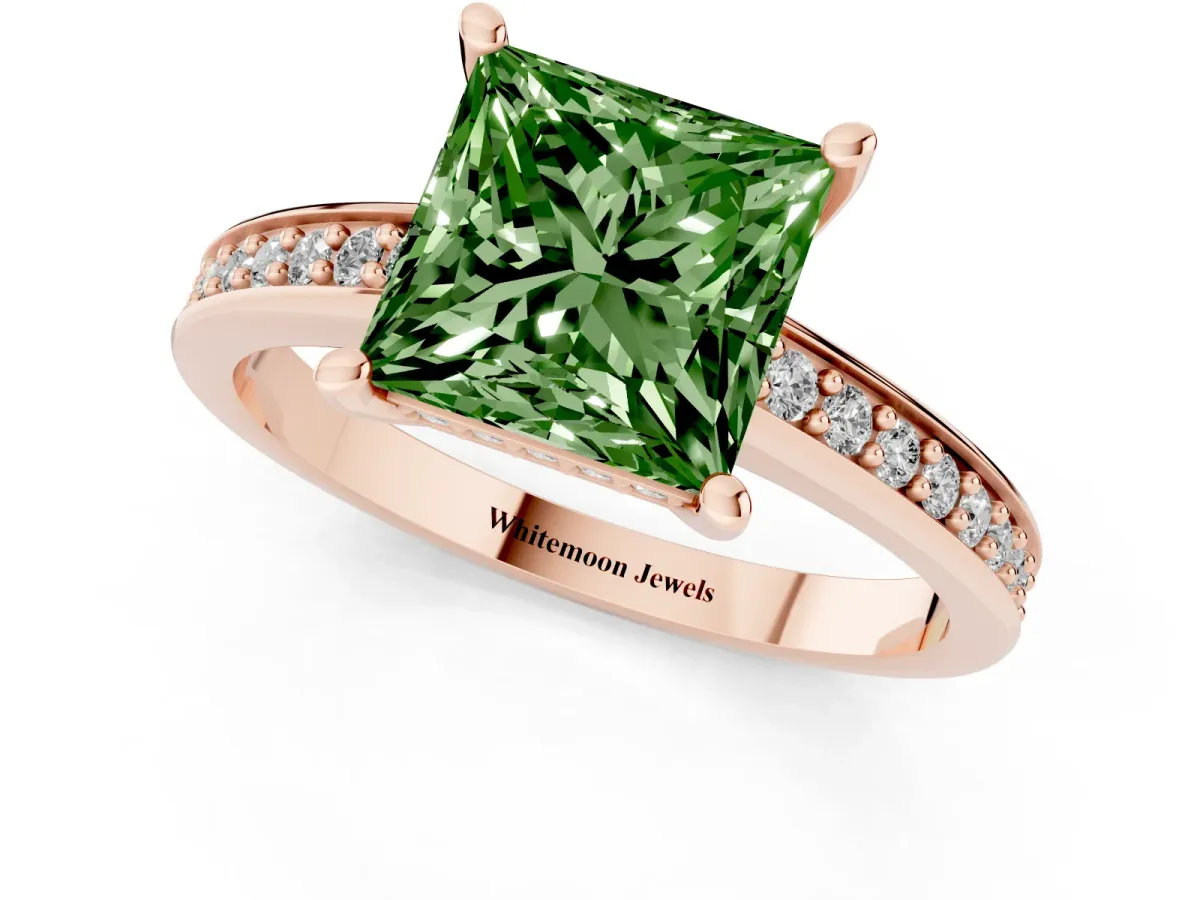 Fancy Green Princess Cut Solitaire Pavé Band Prong Setting Ring Rose gold