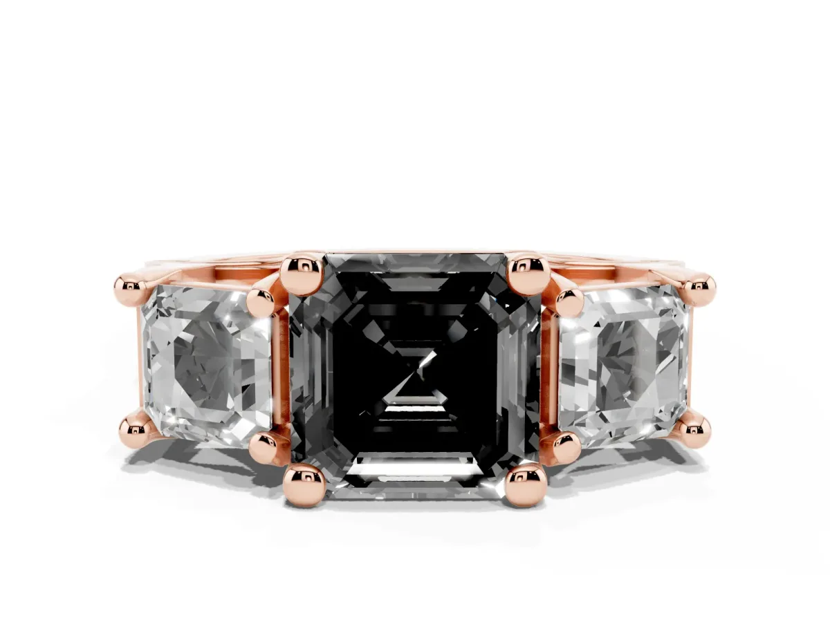 Fancy Black Asscher Cut Diamond Three-Stone Ring with Channel Set Band and Four-Prong Setting Rose gold