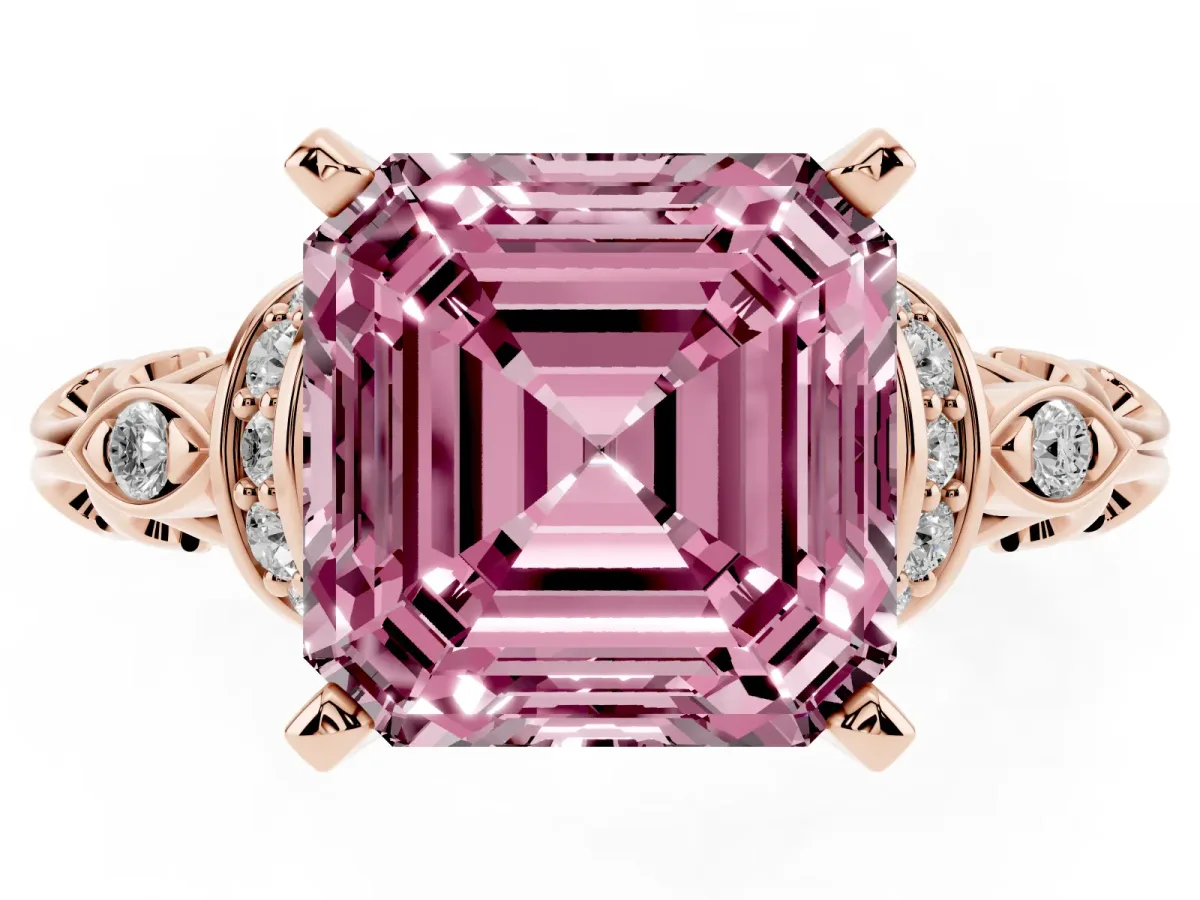 Fancy Pink Asscher Cut Diamond Solitaire Ring with Filigree Band and Four-Prong Setting Rose gold