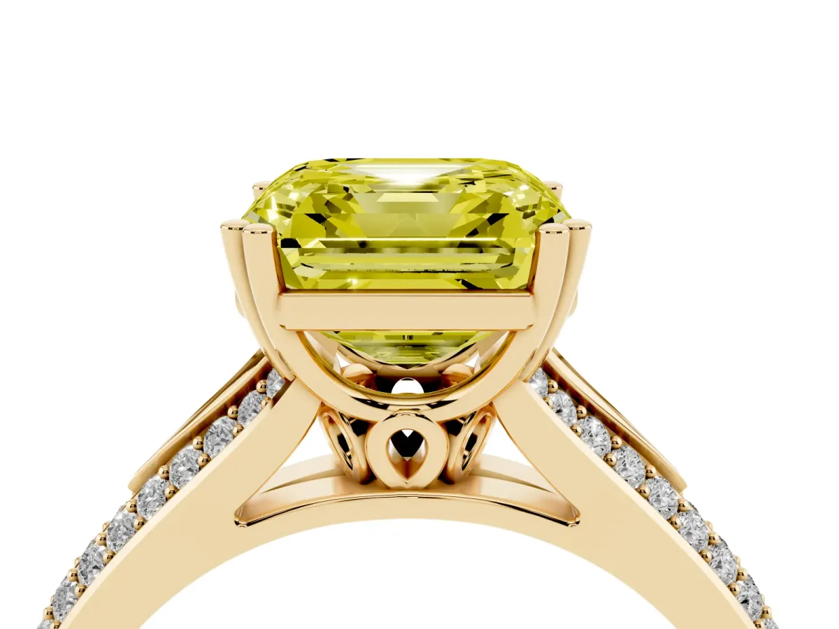 Fancy Yellow Asscher Cut Diamond Split Shank Engagement Ring with Pavé Band Yellow gold