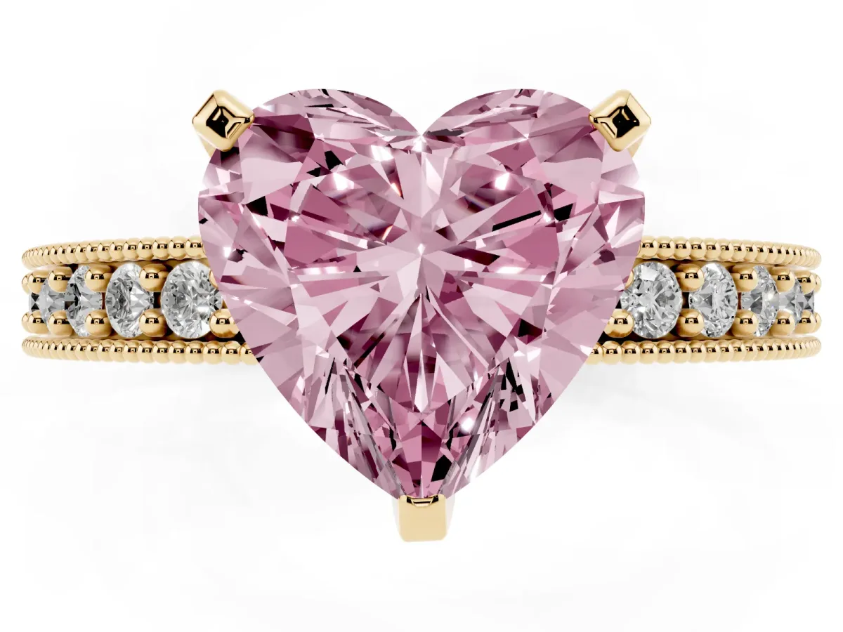 Fancy Pink Heart Cut Diamond Milgrain Pavé Engagement Ring with Four-Prong Setting Yellow gold