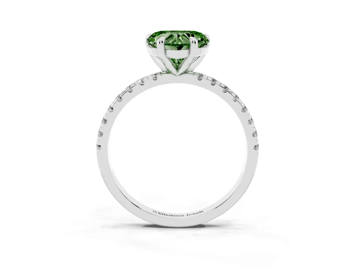 Fancy Green Heart Cut Diamond Brilliant Solitaire Ring with Pavé Band and Four-Prong Setting Platinum