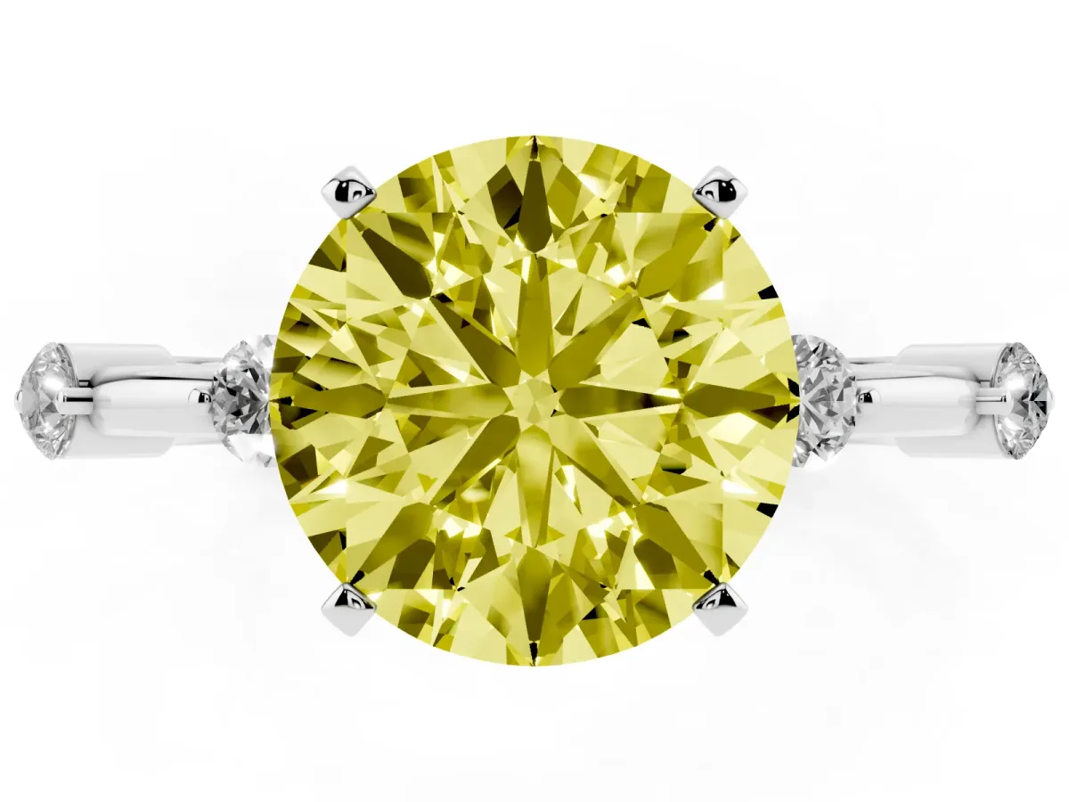 Fancy Yellow Round Cut Solitaire Diamond Ring with Bezel Set Side Stones and Prong Setting Silver