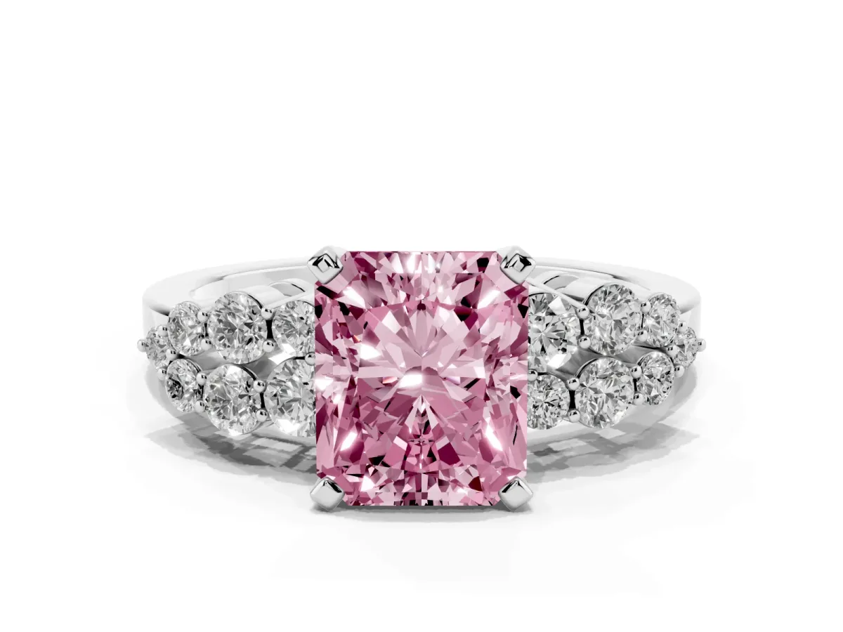 Fancy Pink Radiant Cut Cluster Diamond Engagement Ring with Pavé Band and Four-Prong Setting Silver