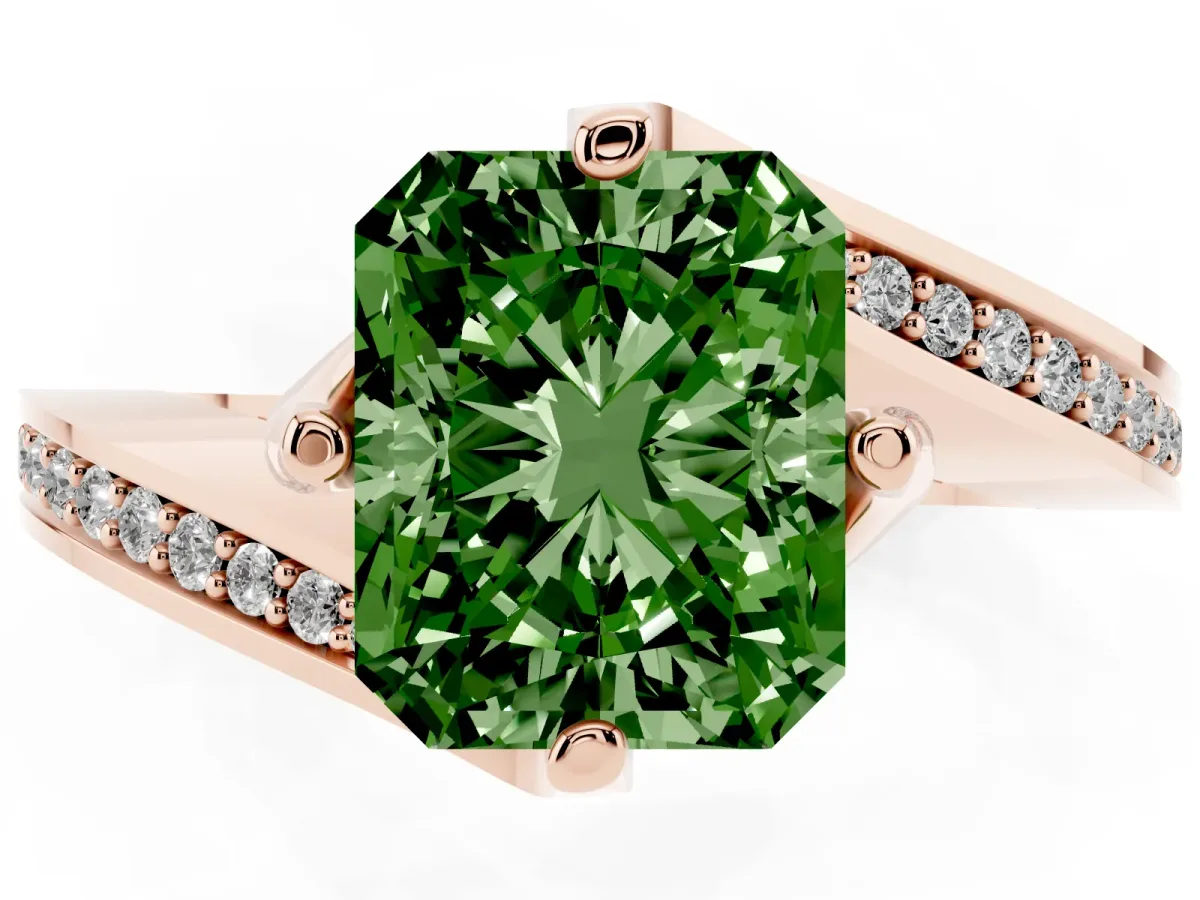 Fancy Green Radiant Cut Solitaire Diamond Twist Band with Pavé Setting and Four-Prong Setting Rose gold