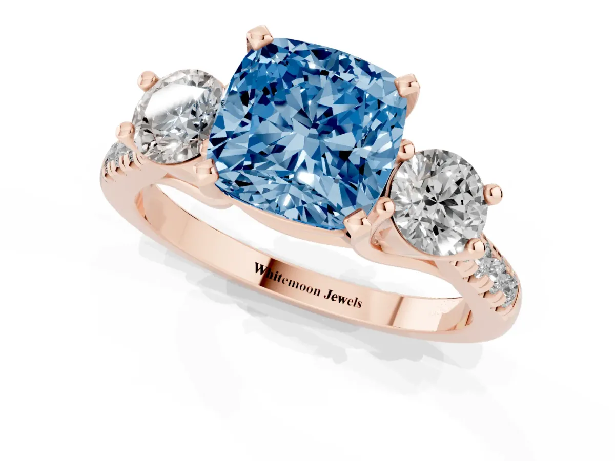 Fancy Blue Three-Stone Cushion Cut Diamond Pavé Band with Four-Prong Setting Rose gold