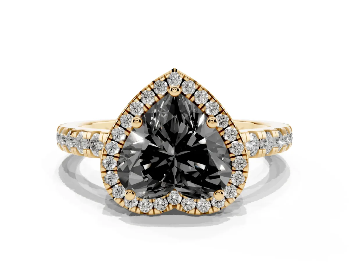 Fancy Black Heart Cut Diamond Halo Ring with Pavé Band and Four-Prong Setting Yellow gold
