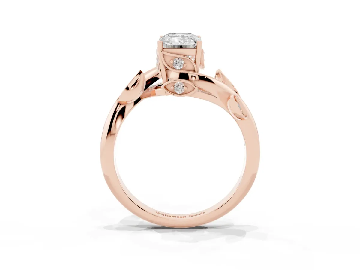 Emerald Cut Solitaire Twist Engagement Ring with Leaf Accents and Prong Setting Rose gold