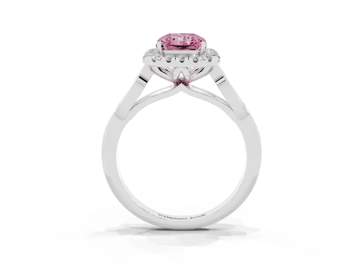 Fancy Pink Radiant Cut Halo Diamond Engagement Ring with Filigree Band and Four-Prong Setting Platinum
