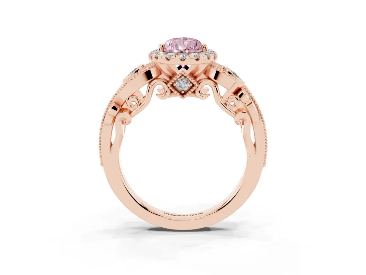 Fancy Pink Pear Cut Halo Diamond Ring with Milgrain and Bezel Accents on a Split Shank Band Rose gold