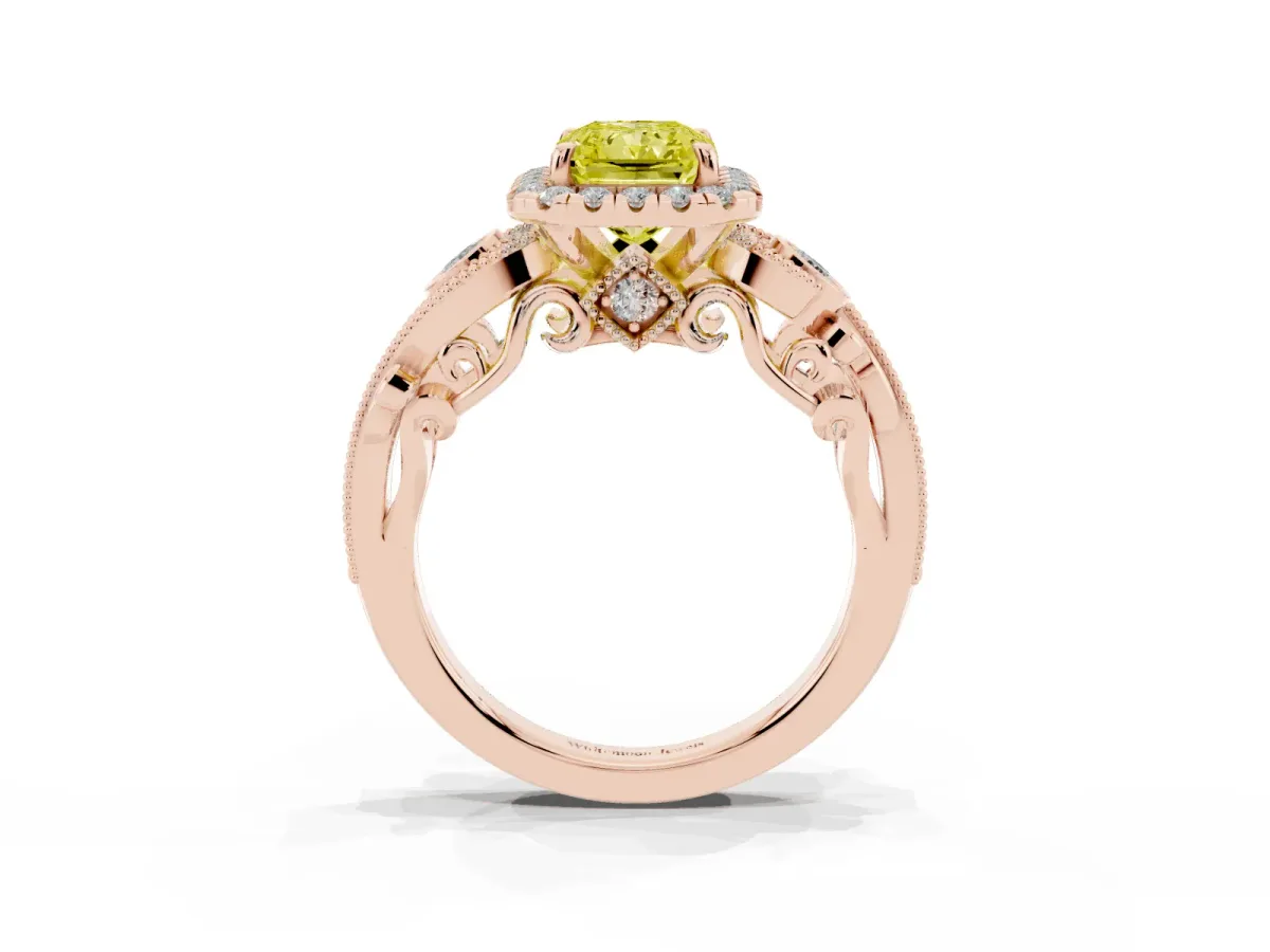 Fancy Yellow Radiant Cut Halo Diamond Ring with Milgrain and Bezel Accents on a Split Shank Band Rose gold