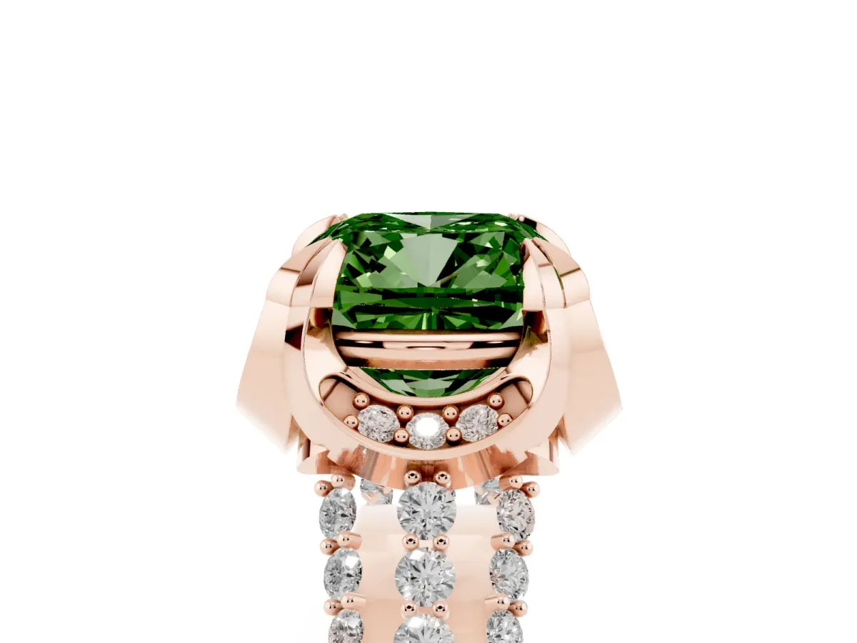 Fancy Green Cushion Cut Solitaire Pave Split Shank Ring with Four-Prong Setting Rose gold
