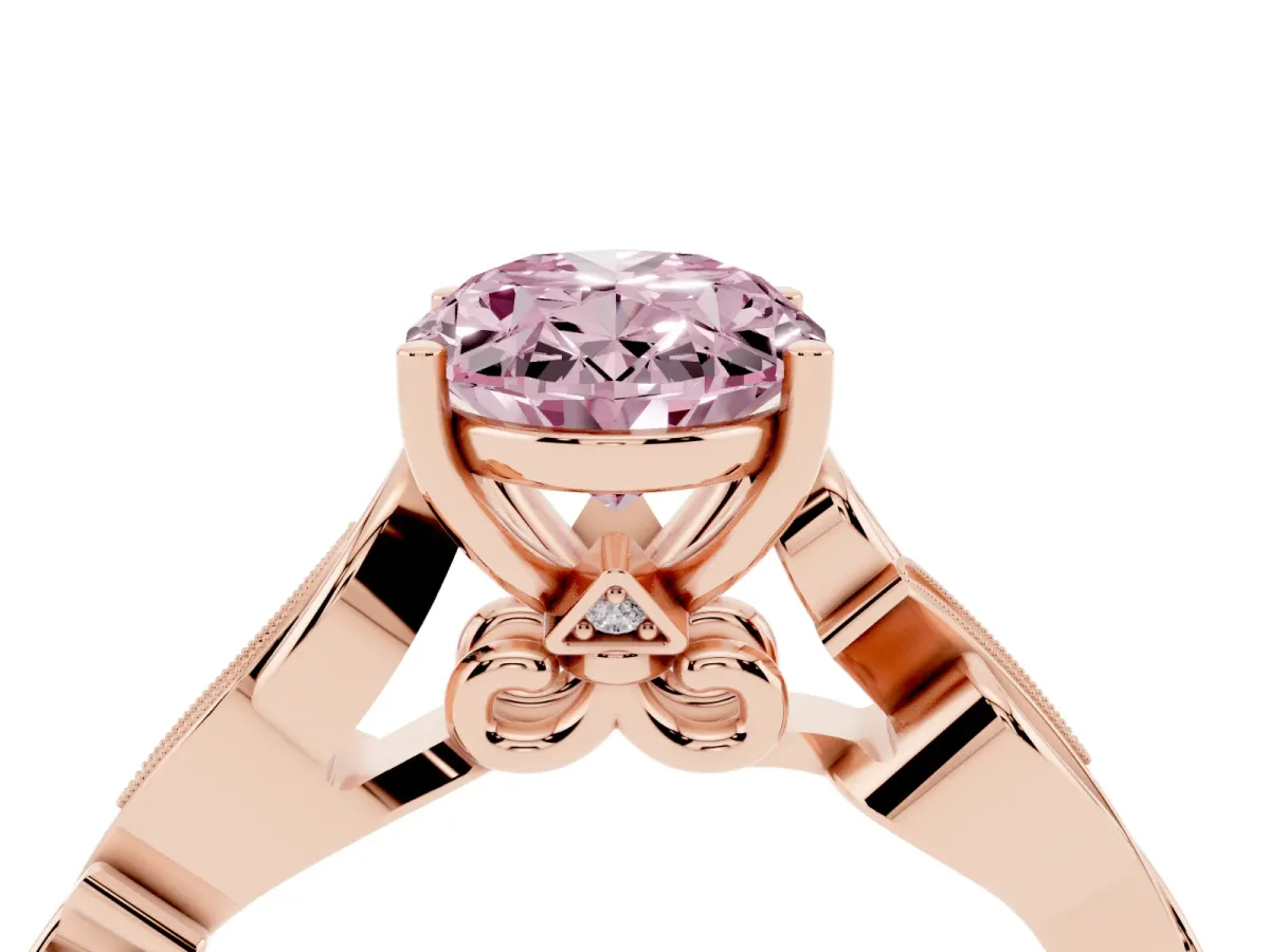 Fancy Pink Oval Cut Solitaire Vine Band with Milgrain Prong Setting Rose gold