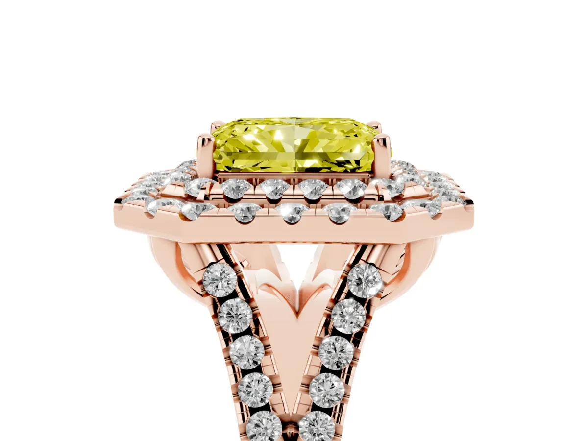 Fancy Yellow Double Halo Radiant Cut Diamond Pavé Split Shank Ring with Prong Setting Rose gold