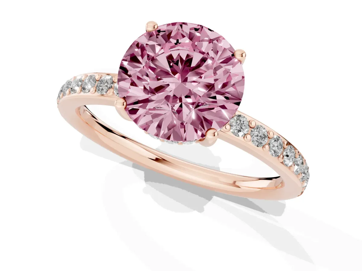 Fancy Pink Round Cut Cut Diamond Pavé Band Ring with Four-Prong Setting Rose gold